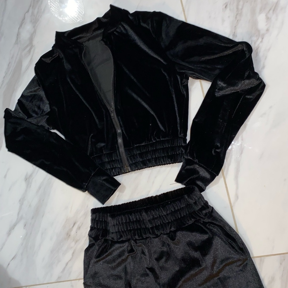 black suede crop top and pants sweat suit